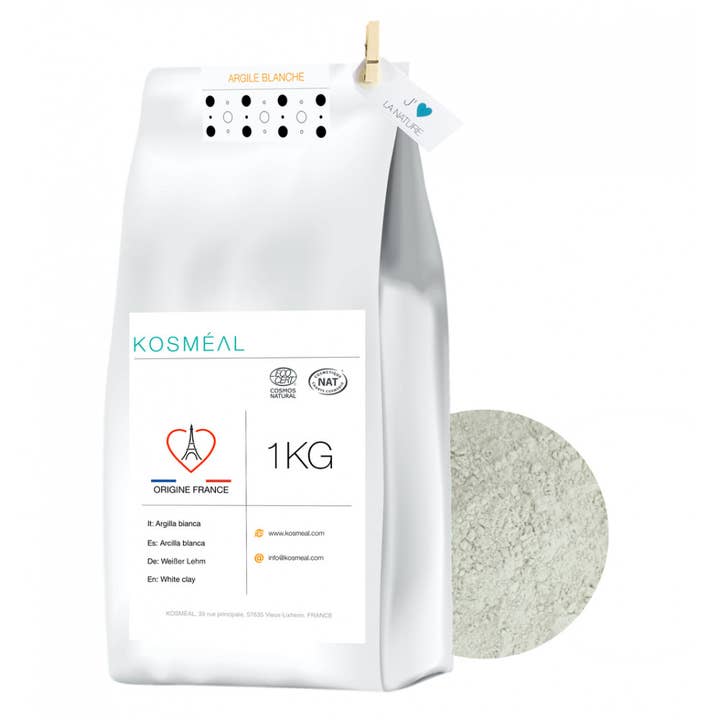 Argilla bianca 1 kg - Origine Francia - Certificata ECOCERT per la vendita all'ingrosso da parte di KOSMÉAL