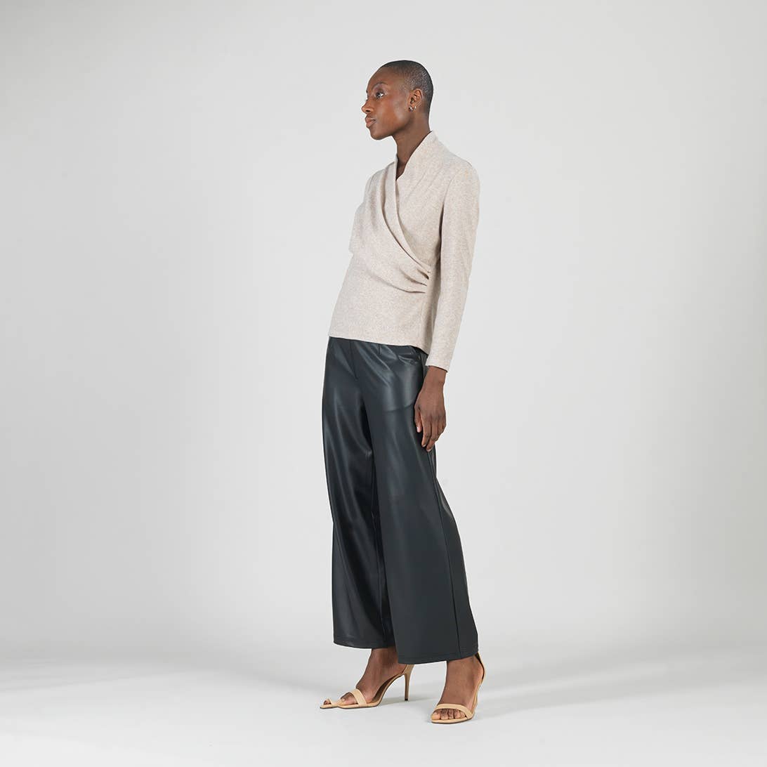 Natural T414W - Faux Cashmere - V-Neck Draped Pleat Sweater Top for wholesale on Faire2