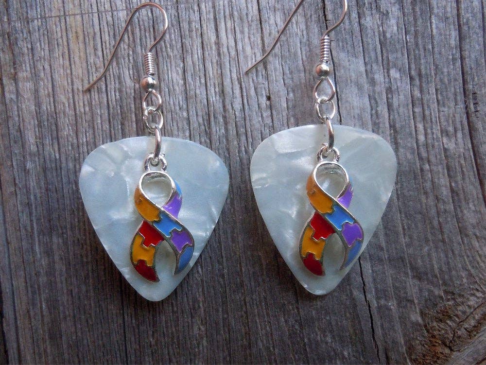 Simply Raevyn - Wholesale Dangle Earrings - Autism Awareness Ribbon Charm Guitar Pick Earrings1