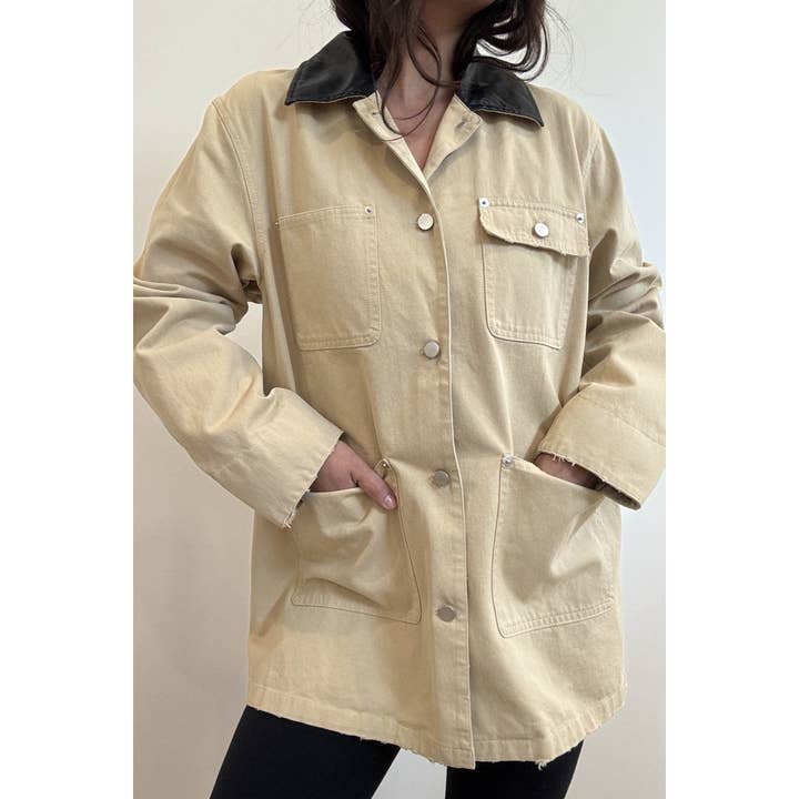 KHAKI Contrast Collar Oversized Workwear Jacket for wholesale on Faire