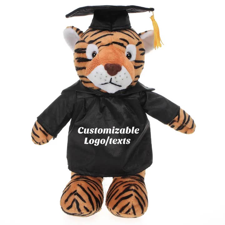 11" Personalized Graduation Tiger Plush in Custom Cap & Gown for wholesale by Plushland