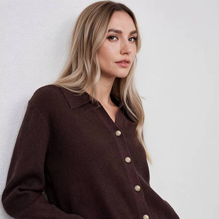 Collared Button-Down Cropped Cardigan for wholesale by BELLISSIMA FASHION