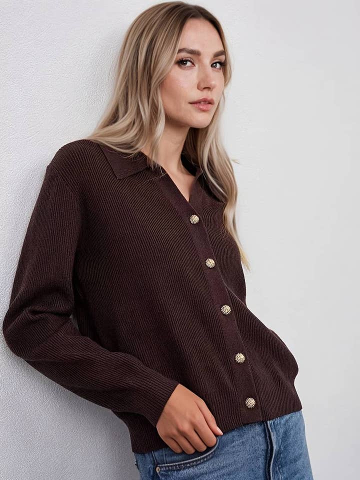 Collared Button-Down Cropped Cardigan for wholesale by BELLISSIMA FASHION