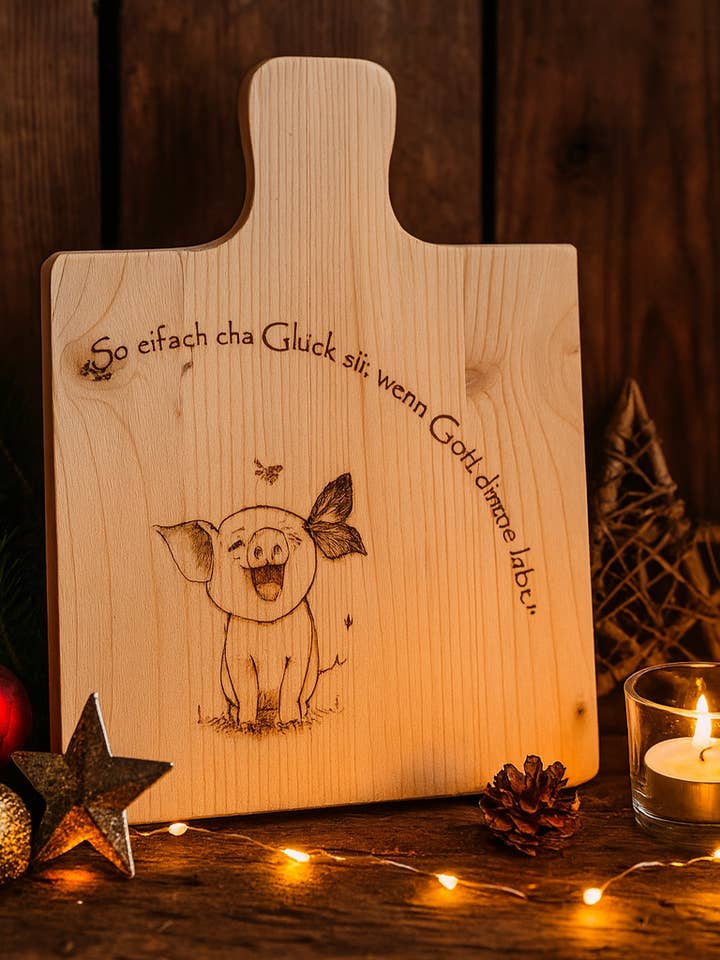 Tavola in legno di abete rustico – Incisione maialino portafortuna per la vendita all'ingrosso da parte di Wunderquelle Emmental