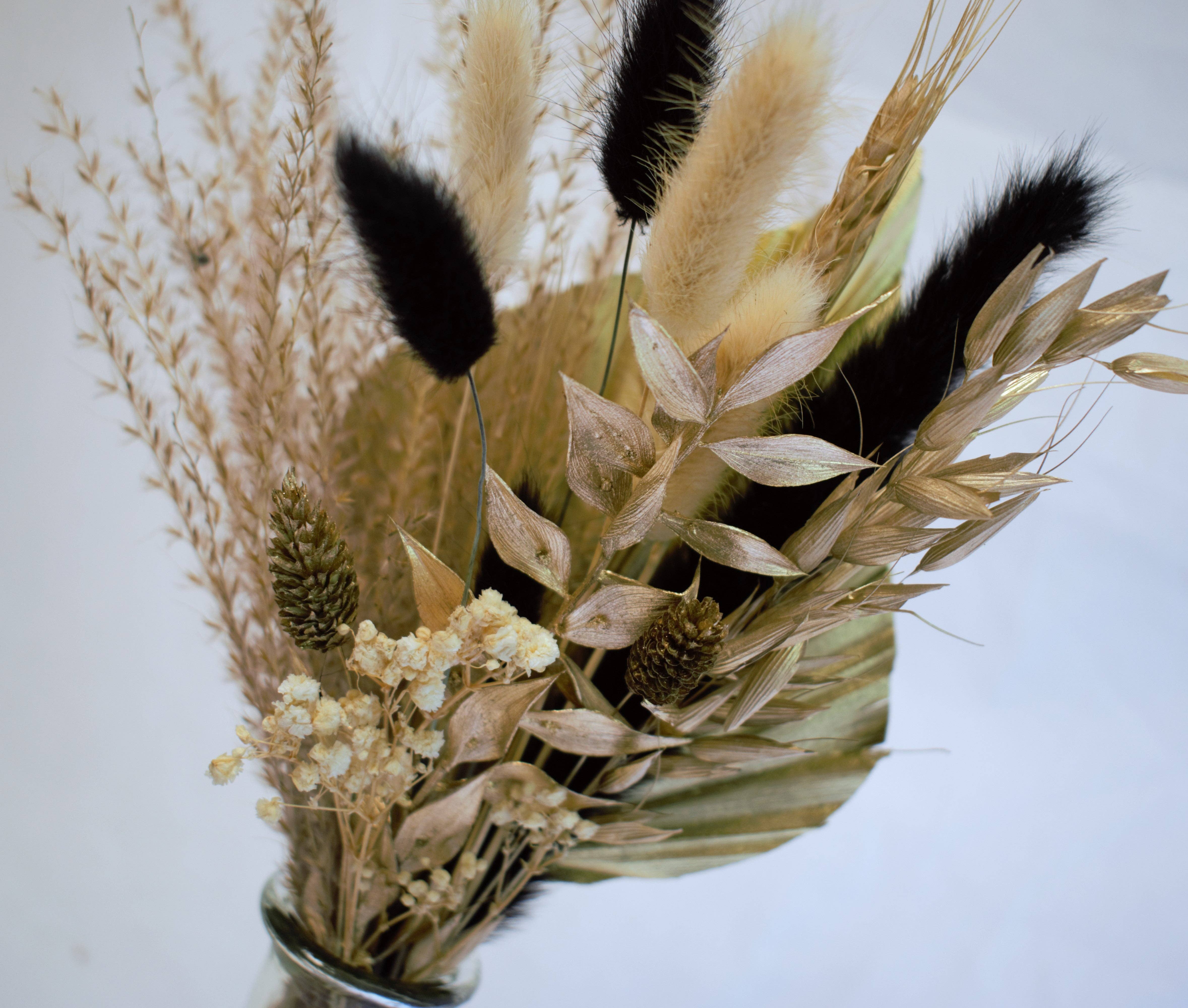Opal Lily – wholesale Dried/pressed flowers – Black & Gold Palm Spear Bouquet9