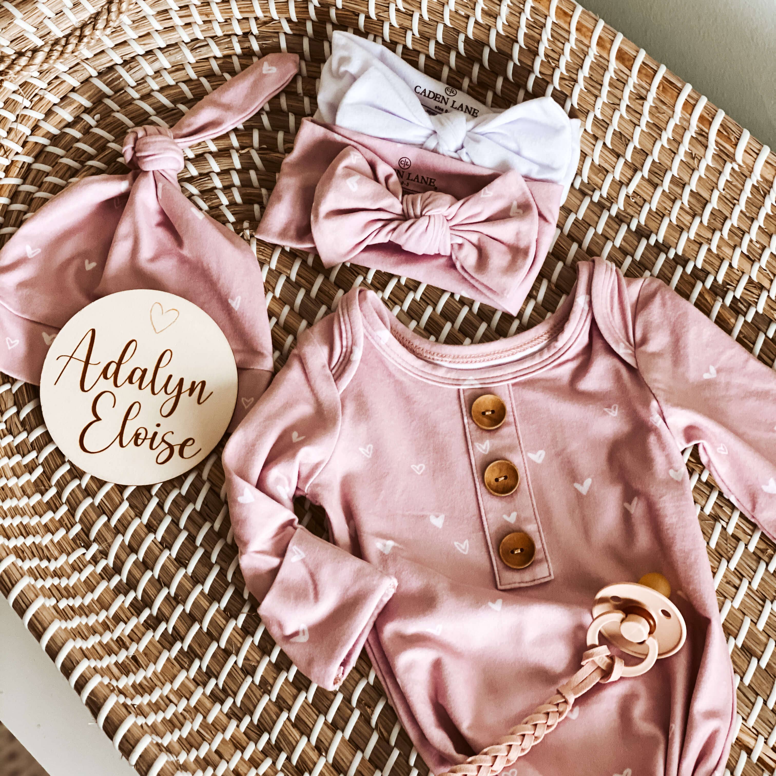 Caden Lane - Wholesale Babygown Set - Baby - Tiny Hearts in Dusty Pink Newborn Baby Knot Gown & Hat Set0