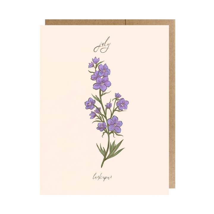 July Birth Month Flower (Larkspur) Greeting Card for wholesale by The Paper Narwhal