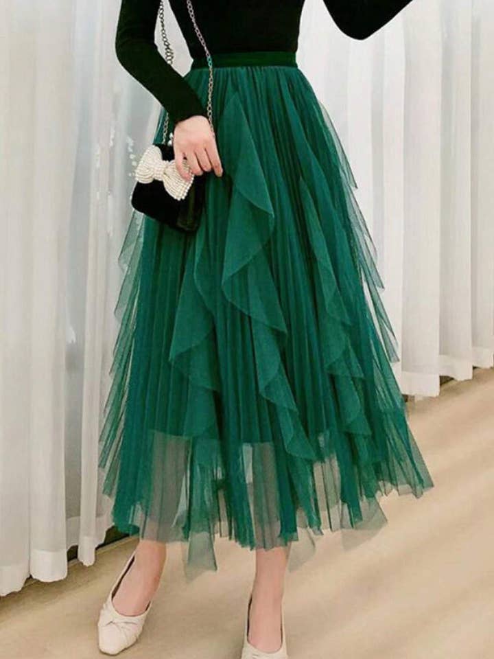 Fashion Combination - Wholesale Skirt - Women's - ruffle hem pleated tulle midi skirt10