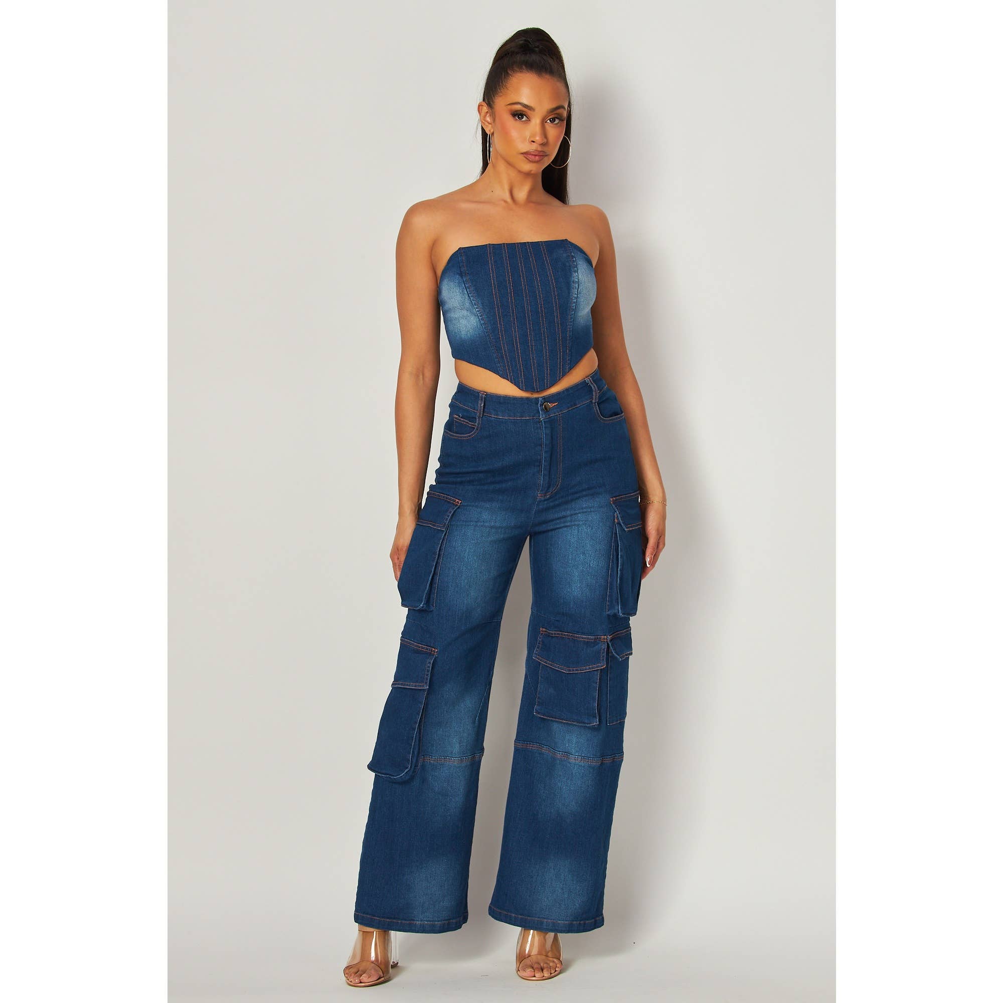 Miss 8 - Wholesale Top & Pant Set (NOT Loungewear) - Women's - Denim Cargo Strapless Top and Wide-Leg Pants Set6
