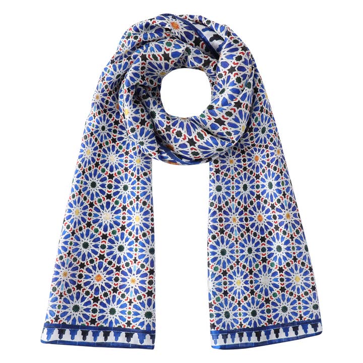 Habotai Silk Scarf Blue and White Morocco Mosaics, 180x65 for wholesale by Hamzah