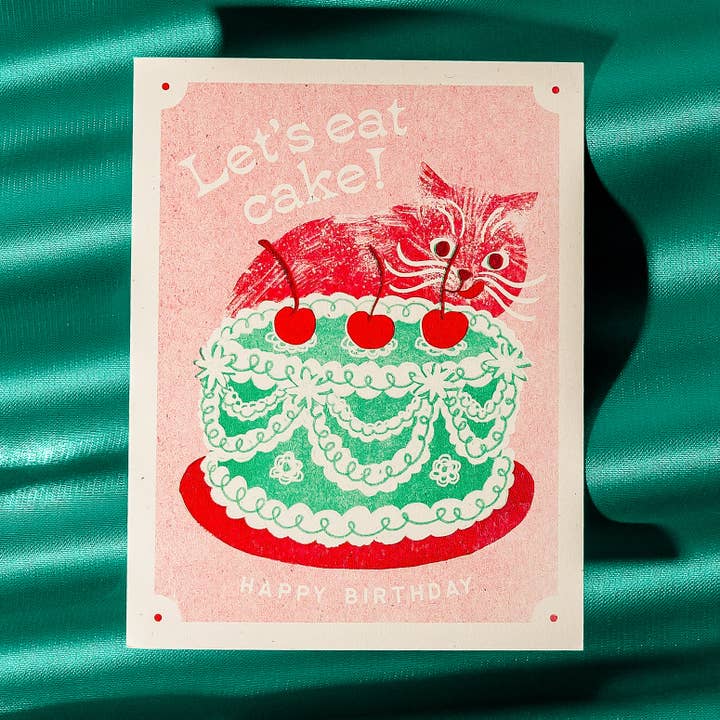 Bromstad Printing Co. - Wholesale Birthday Card - Let's Eat Cake Cat - Risograph Birthday Card