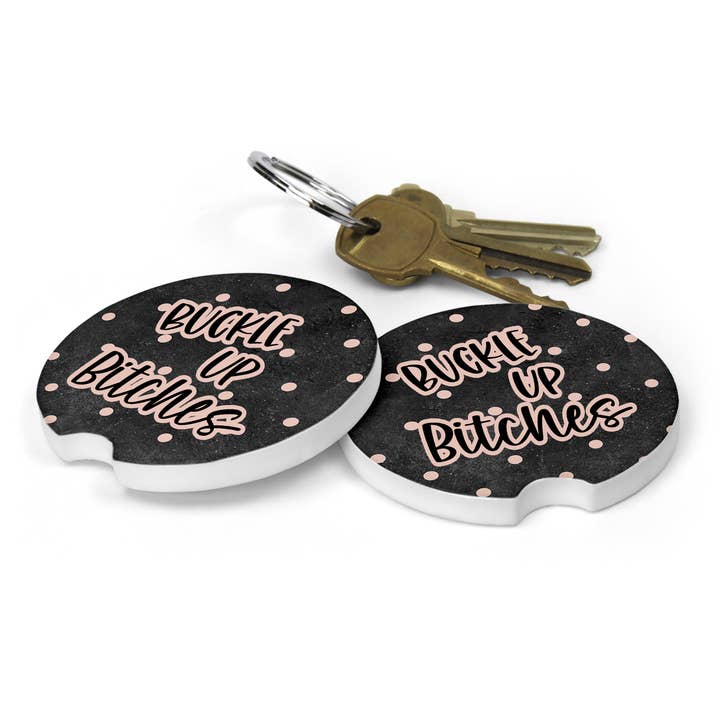 Juego de 2 posavasos de cerámica para coche Buckle Up Bitches para venta al por mayor de Blush and Bold Collective