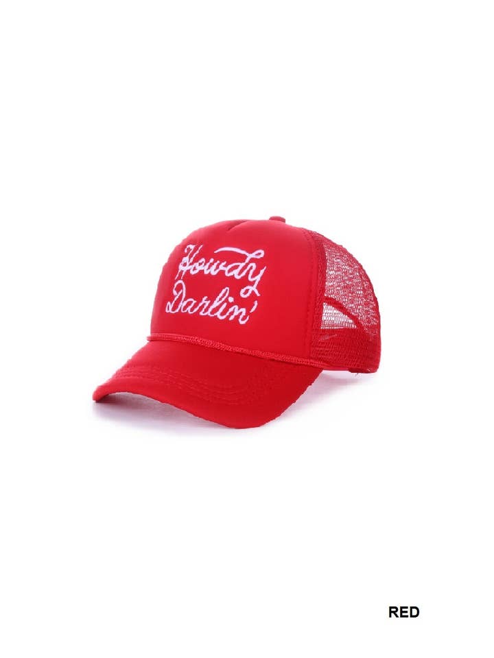 Red Howdy Darlin Mesh Trucker Cap for wholesale on Faire