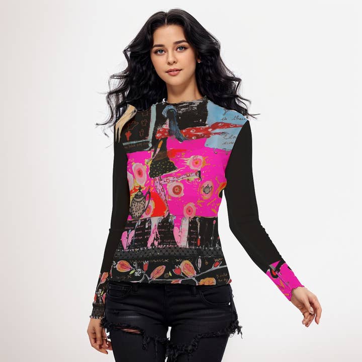 Top de manga comprida em rede Tea Time por atacado de Wendy Costa Studio