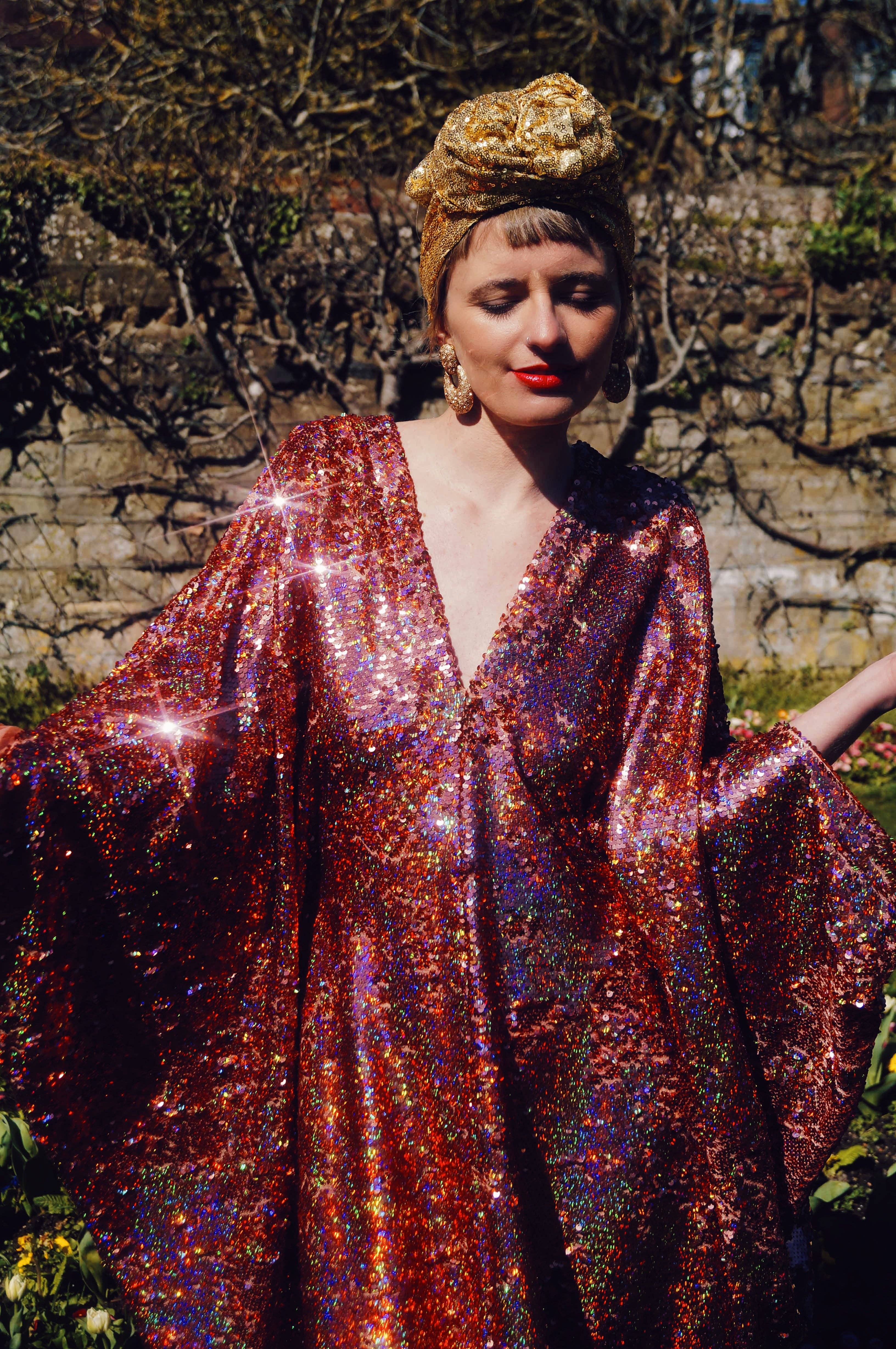 Fumbalinas – wholesale Kaftan – Women's – Rose Gold Holographic Sequin V-neck Kaftan Gown17