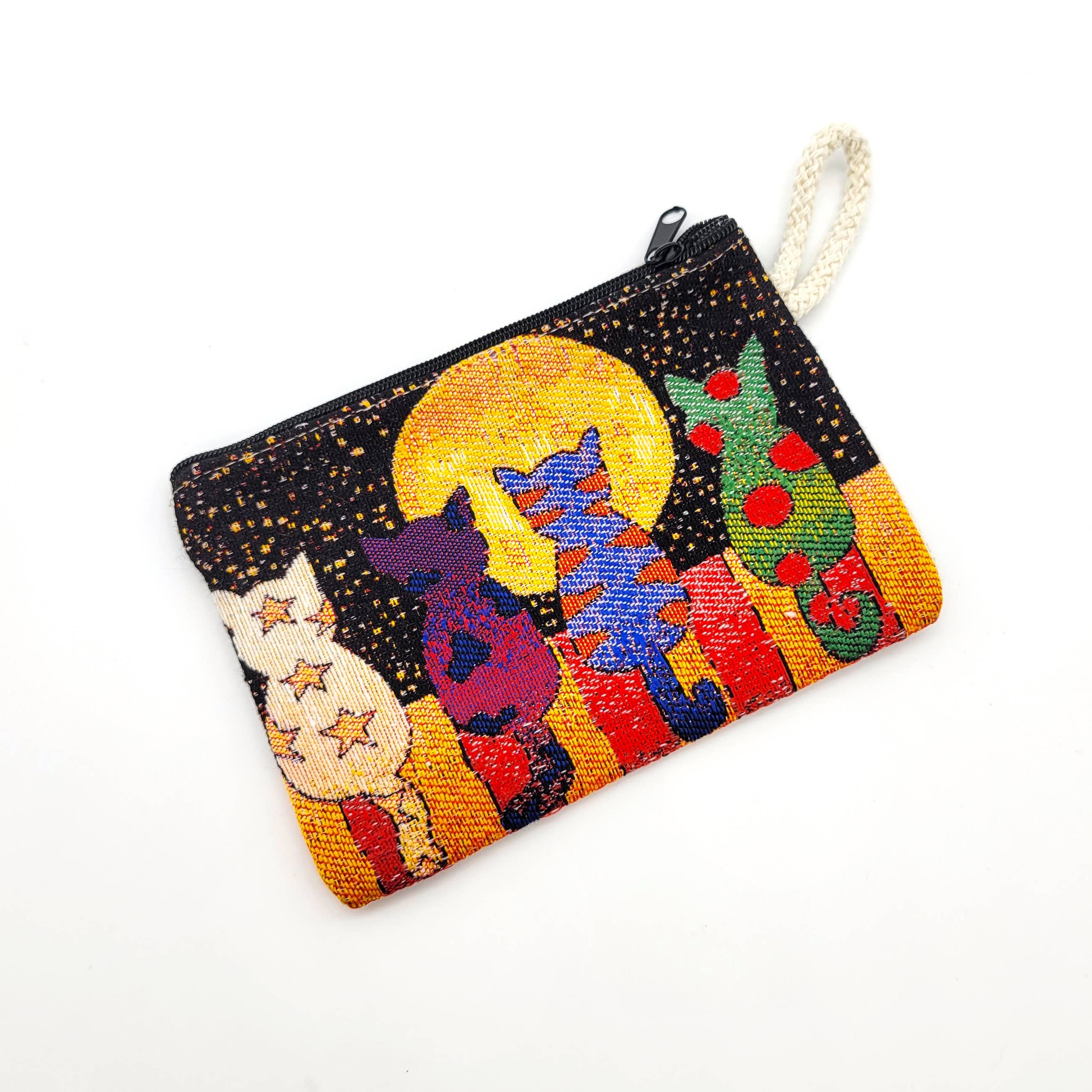 Eclectic Woodchuck – Engroshandel Møntpung - Dame – Lynlås lukket pose vævet bomuldsgobelinstof - kattemønstre4