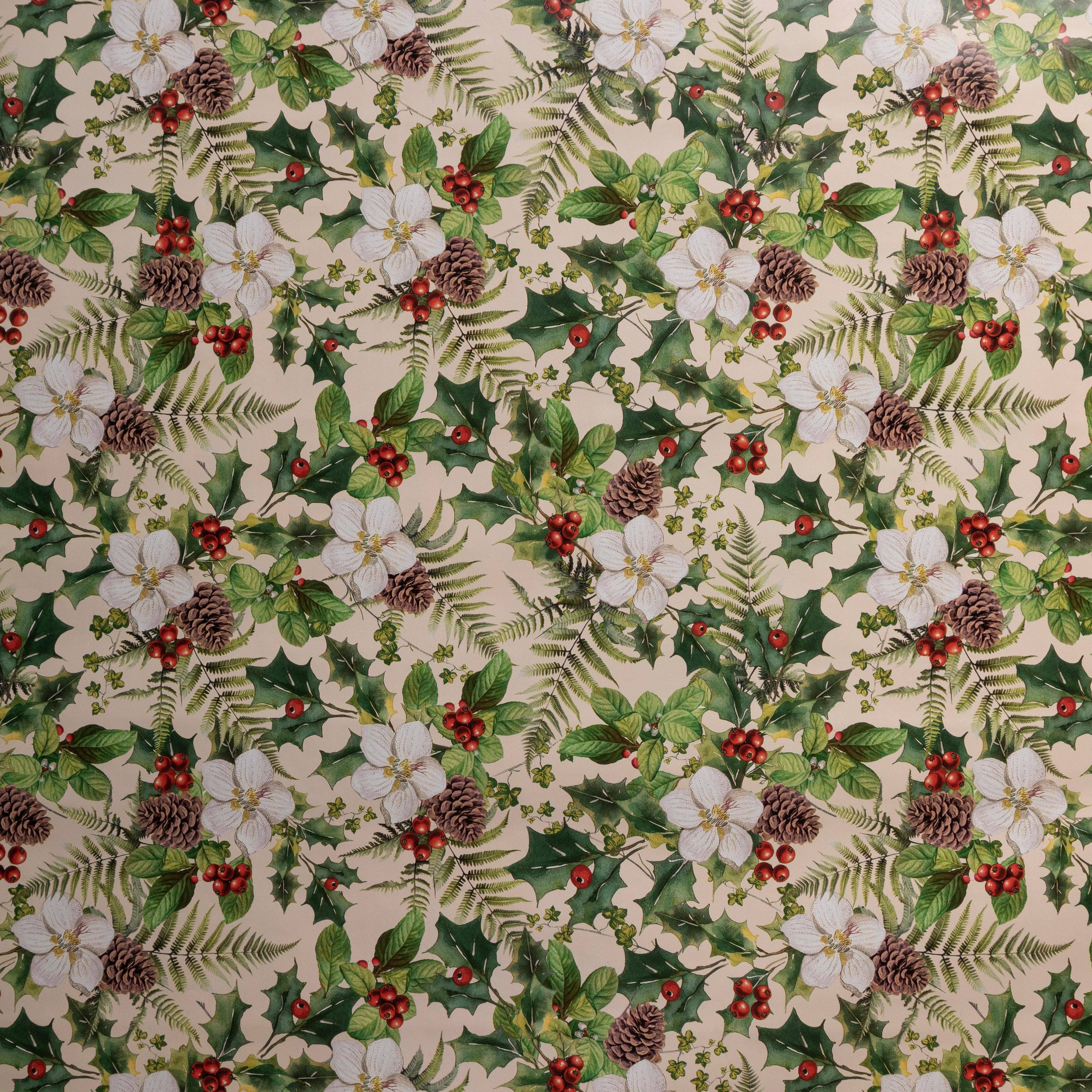 Penny Kennedy Ltd – wholesale Wrapping paper roll – Christmas Wrapping Paper Gift Holly Berries Floral Green1