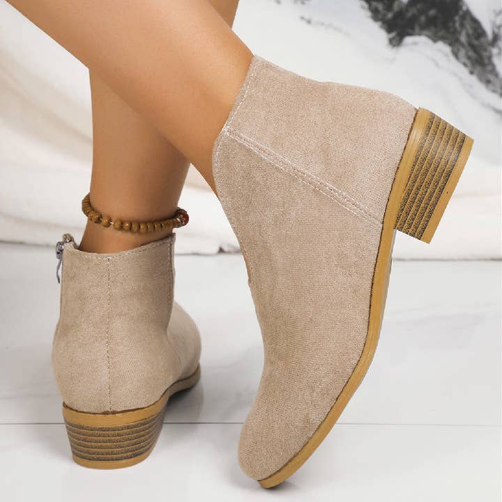 Serene Couture – Großhandel Stiefeletten – Damen – Herbst Winter Leopard Wurzel Stiefeletten Seitlicher Reißverschluss Runde Zehe V-Ausschnitt Wildleder Knöchelstiefel Damen