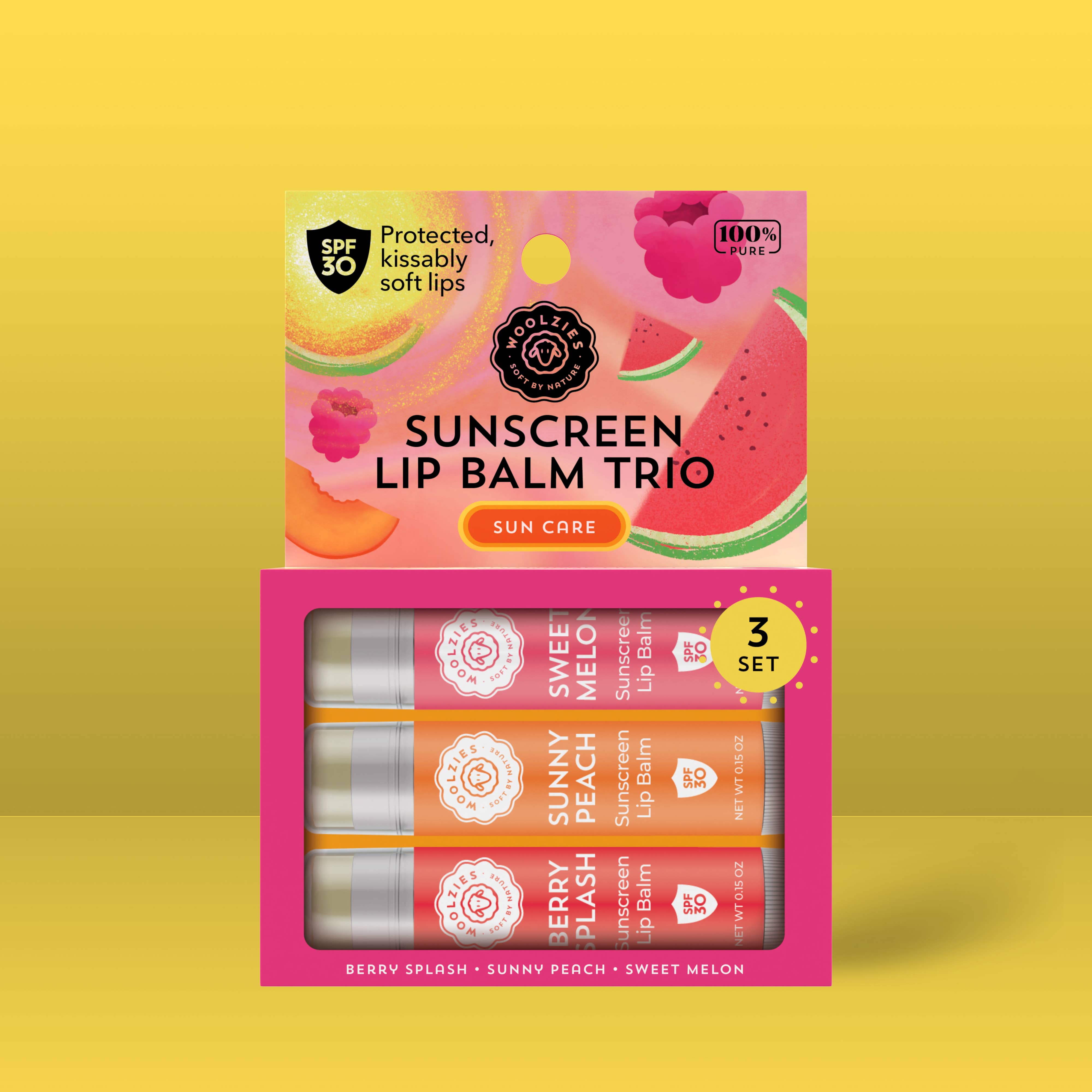 Woolzies - Wholesale Lip Balm Set - SPF Sunscreen Lip Balm Trio Sweet Melon, Sunny Peach, Berry