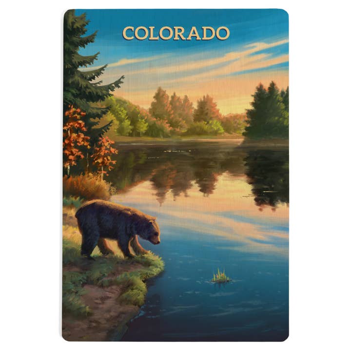 WOOD POSTCARD Colorado, Oil Painting, Bear By Lake for wholesale by Lantern Press