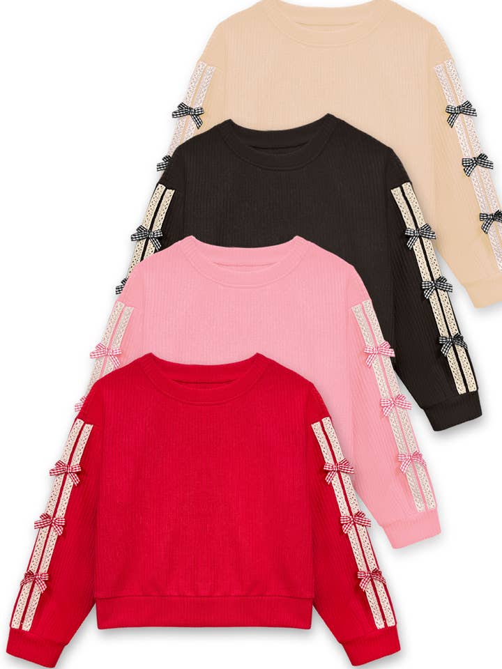 GKJ-Q26-38281A Girls Knit Ribbed Pullover w bow deco for wholesale by Cutie Patootie Clothing