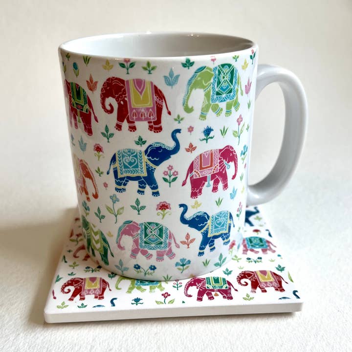 Mug with matching coaster a handmade royal Indian elephant for wholesale by Alphonsostudio