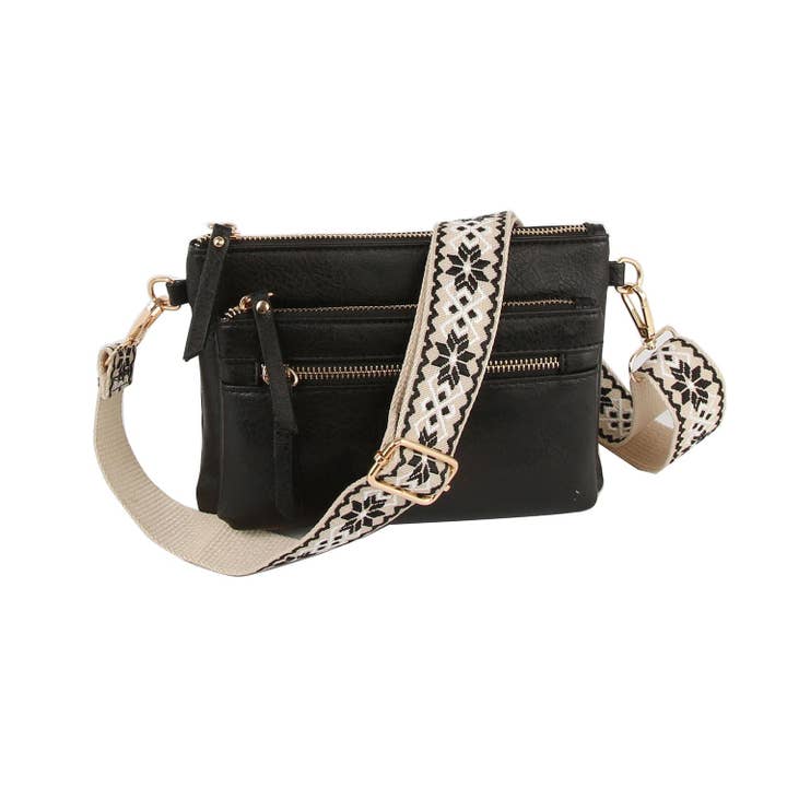 MiMi Wholesale - Wholesale Crossbody Bag - Women's - Multi Zip Pocket Women's Crossbody Bag with Guitar Strap