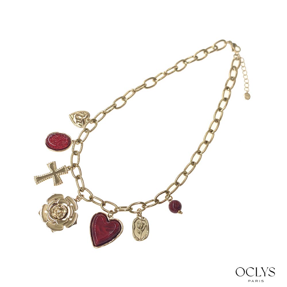 Oclys - Wholesale Pendant/Charm Necklace - Pink charm necklace in gold stainless steel Coco0