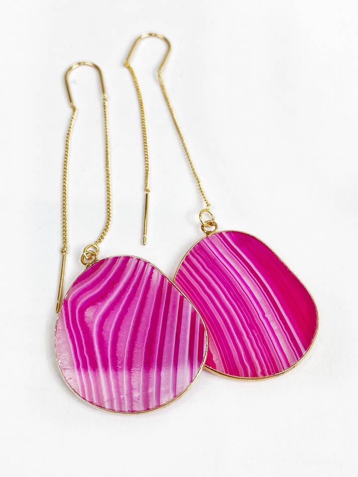 Hot Pink Agate Threader Earrings Made in Melbourne for wholesale by Black Lamb Design