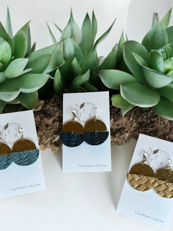 Rowan| Hammered brass and leather earring-New colors for wholesale by Twig & Rue boutique