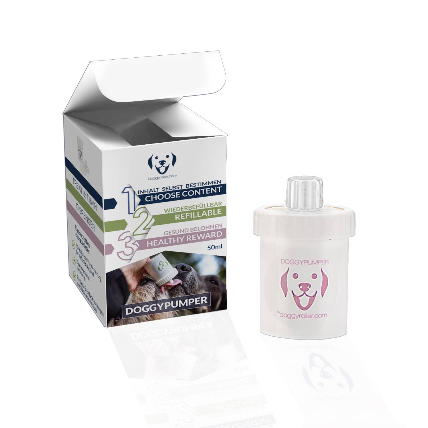 B&W Werbeartikel GmbH - Doggyroller - Wholesale Pet Treats - Dog - DOGGYPUMPER pink - favorite food in a dispenser for when you're out and about