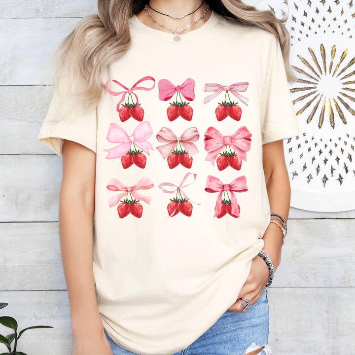 COMMON DAISY APPAREL - Wholesale Screen Printed T-Shirt - Women's - Strawberry | Bows | Strawberry Patch | Preppy | Graphic Tee