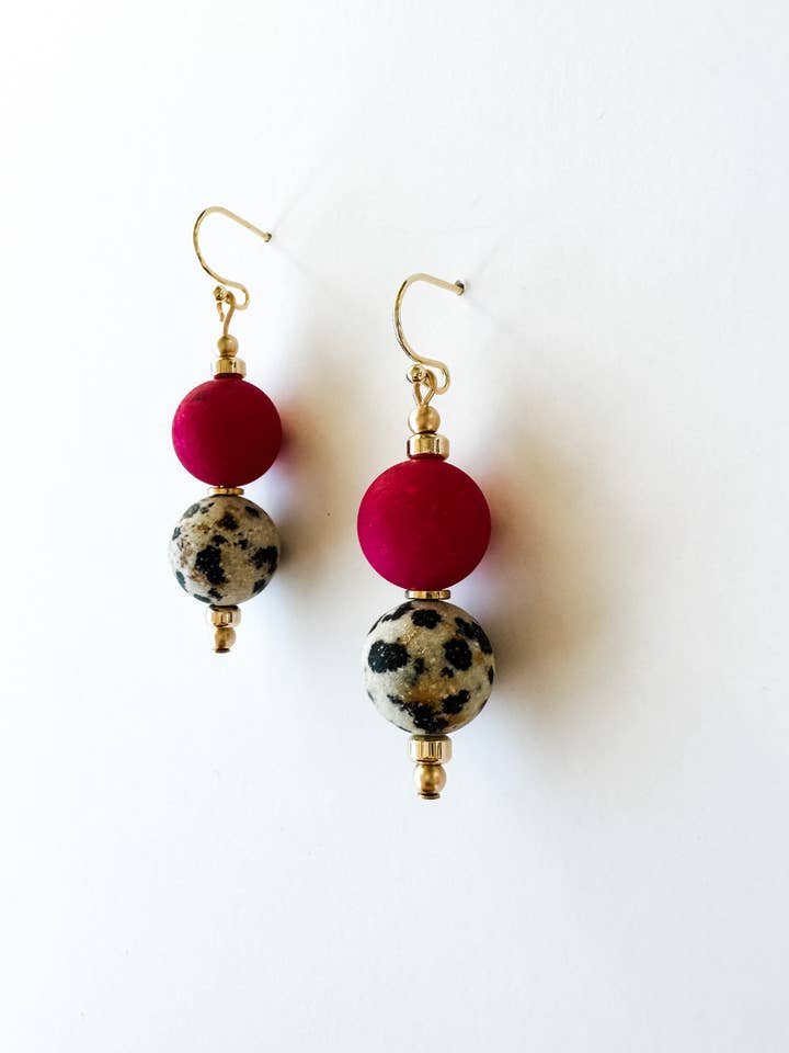 Lantern Double Drop | Fuchsia Jade & Matte Dalmatian Jasper for wholesale by Aves + Brit | Handmade Midwest Modern Jewelry