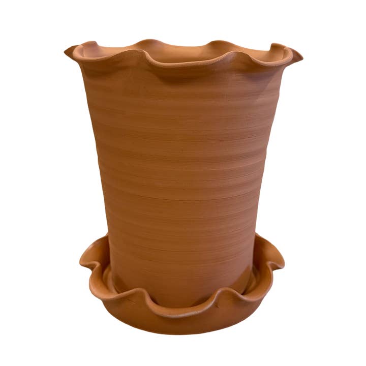 Frilly Plant Pot and Saucer - Terracotta. for wholesale by Paige Mitchell