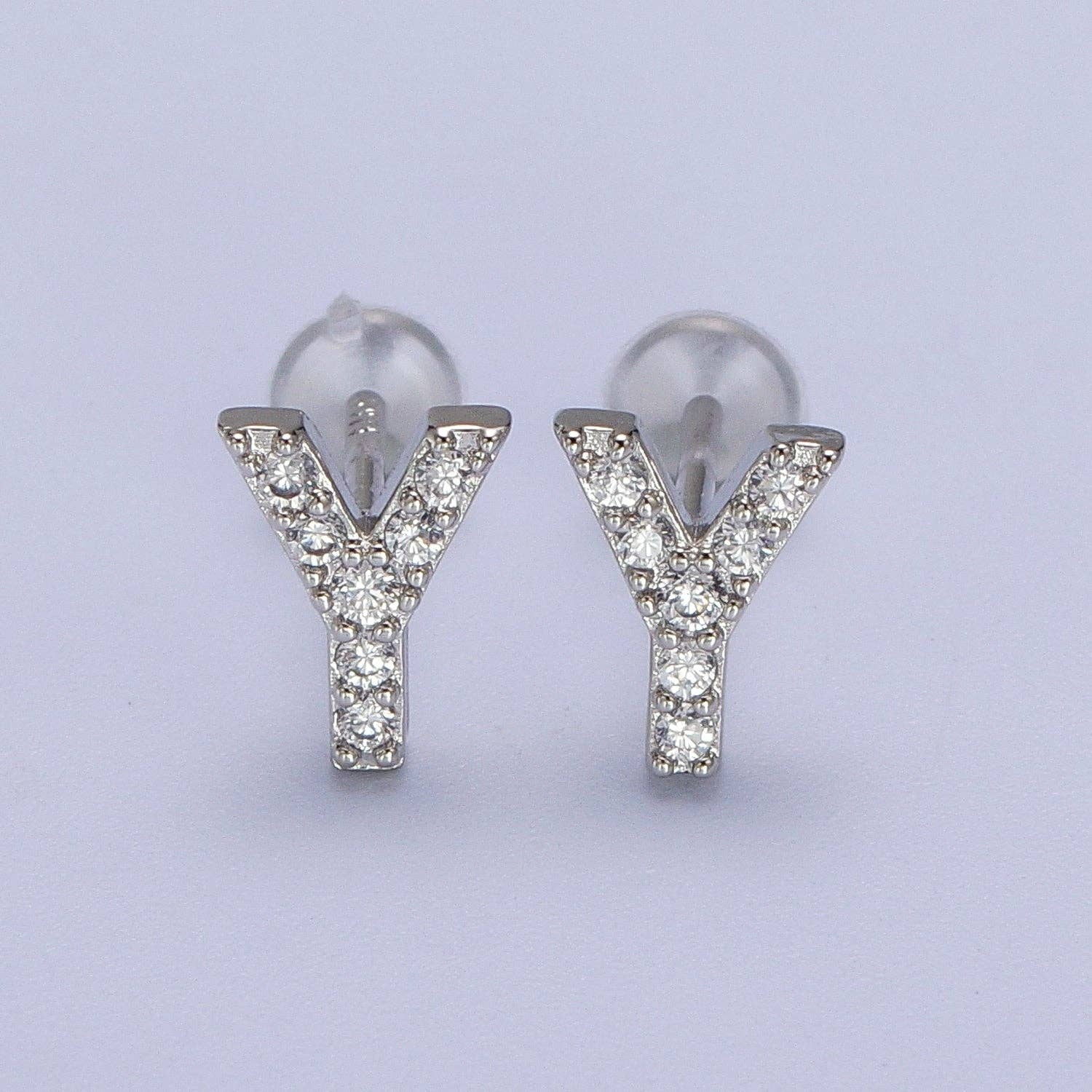 Aim Eternal - Wholesale Stud/Post Earrings - White Gold Filled Tiny Initial Letter Diamond CZ Silver Stud24