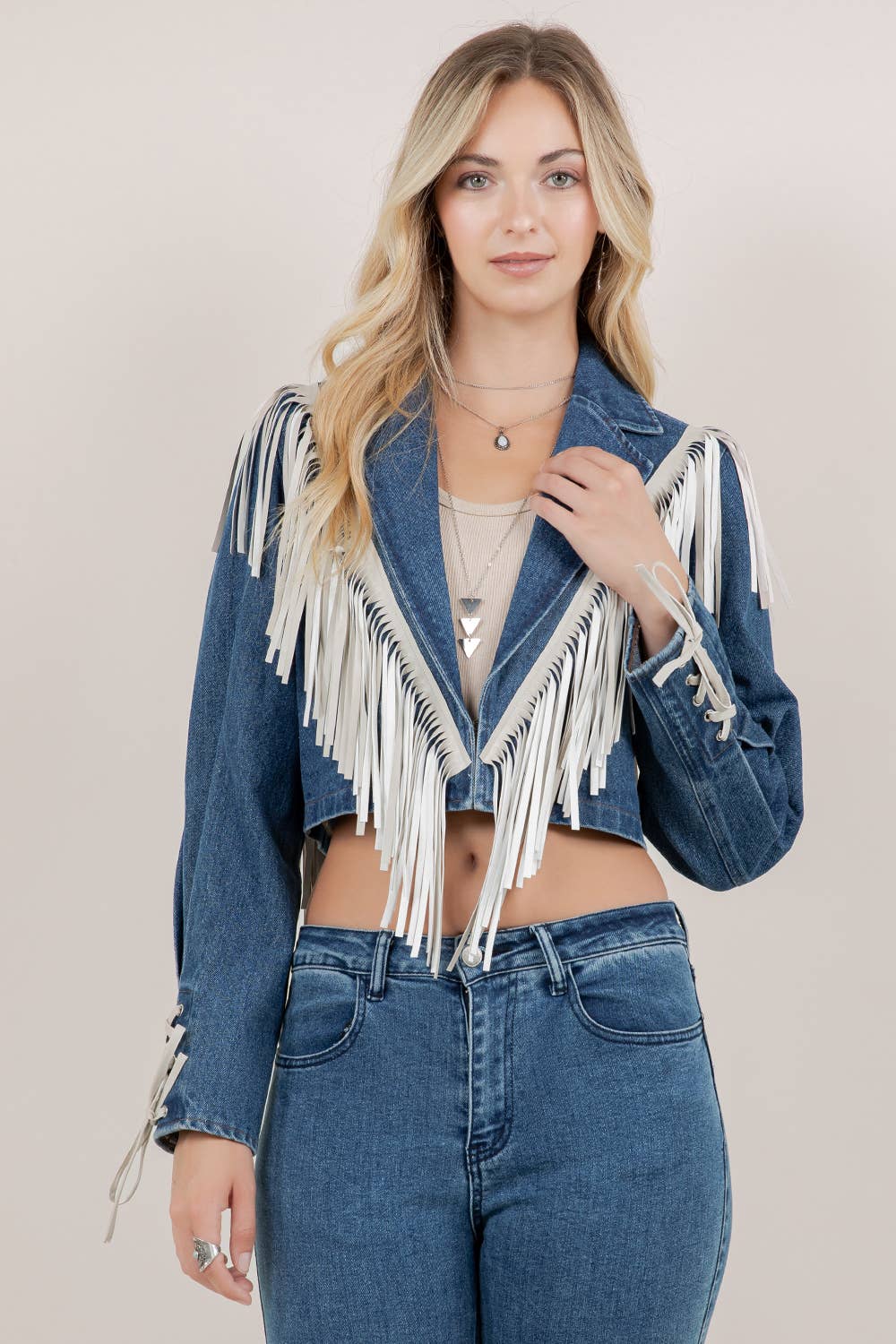 Saints & Hearts - Wholesale Denim Jacket - Women's - SIJ5418A MEDIUM WASH FRINGED CROPPED DENIM JACKET