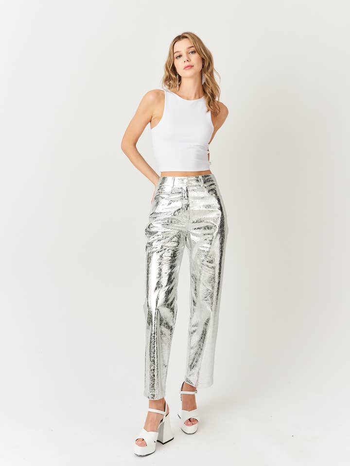 Argent Pantalon taille haute en simili cuir texturé métallisé Lupe en vente sur Faire0