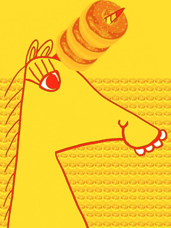 Impression pop art en forme de beigne et de licorne par Girafes and Robots pour la vente par Giraffes and Robots Pop Art Studio