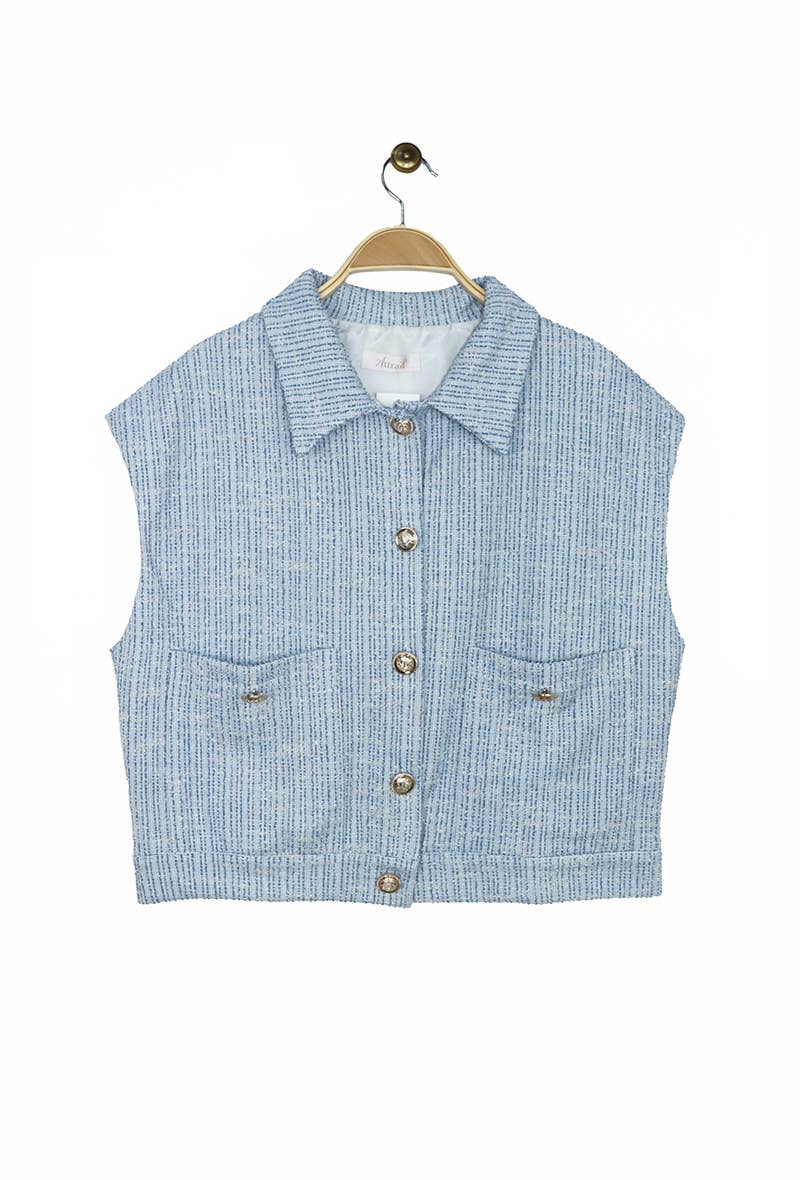 Attrait Paris – Blusão - Mulher por atacado – Casaco sem mangas de tweed com botões dourados8