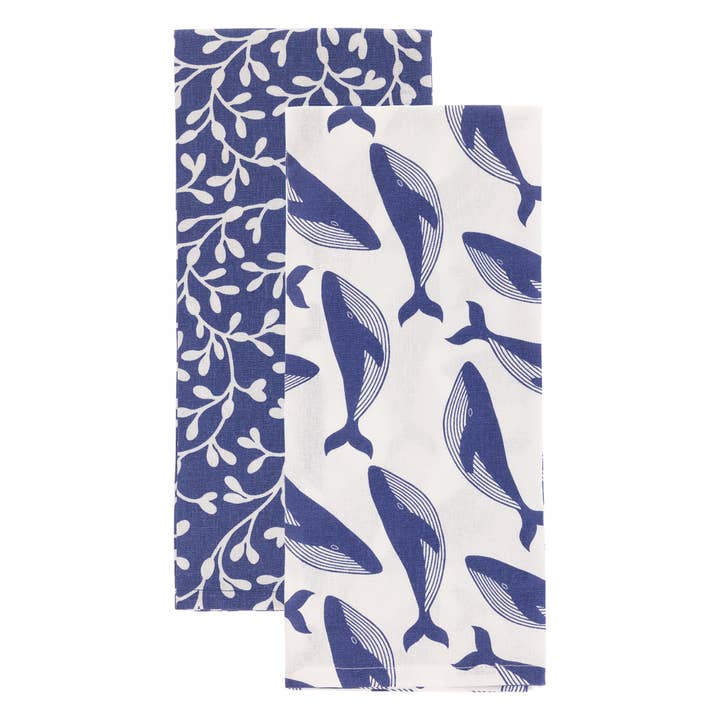 Navy Whale Cotton Tea Towel Set of 2 for wholesale by Boston International