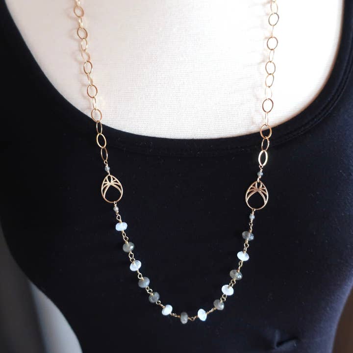 Long Labradorite Moonstone Gemstone Necklace On 14K Gold for wholesale by Elektra Jewelry