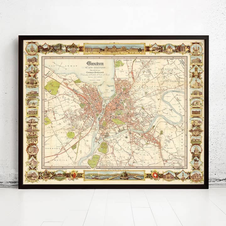 Vecchia mappa di Ginevra Svizzera 1900 con incisioni Mappa vintage | Stampa artistica da parete mappa vintage per la vendita all'ingrosso da parte di OldCityPrints - Old Maps and Posters