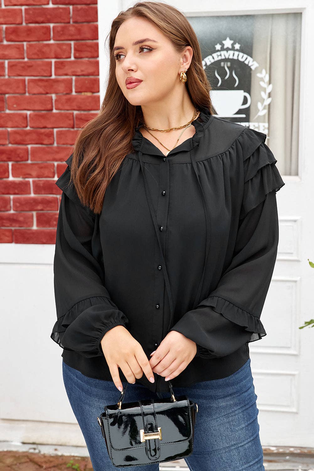 Black Ruffle Balloon Sleeve Chiffon Elegant Plus Size Shirt for wholesale on Faire2