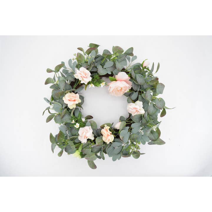 Couronne de pivoines roses, roses et eucalyptus de 24,5 pouces pour la vente par Tremont Floral Supplies