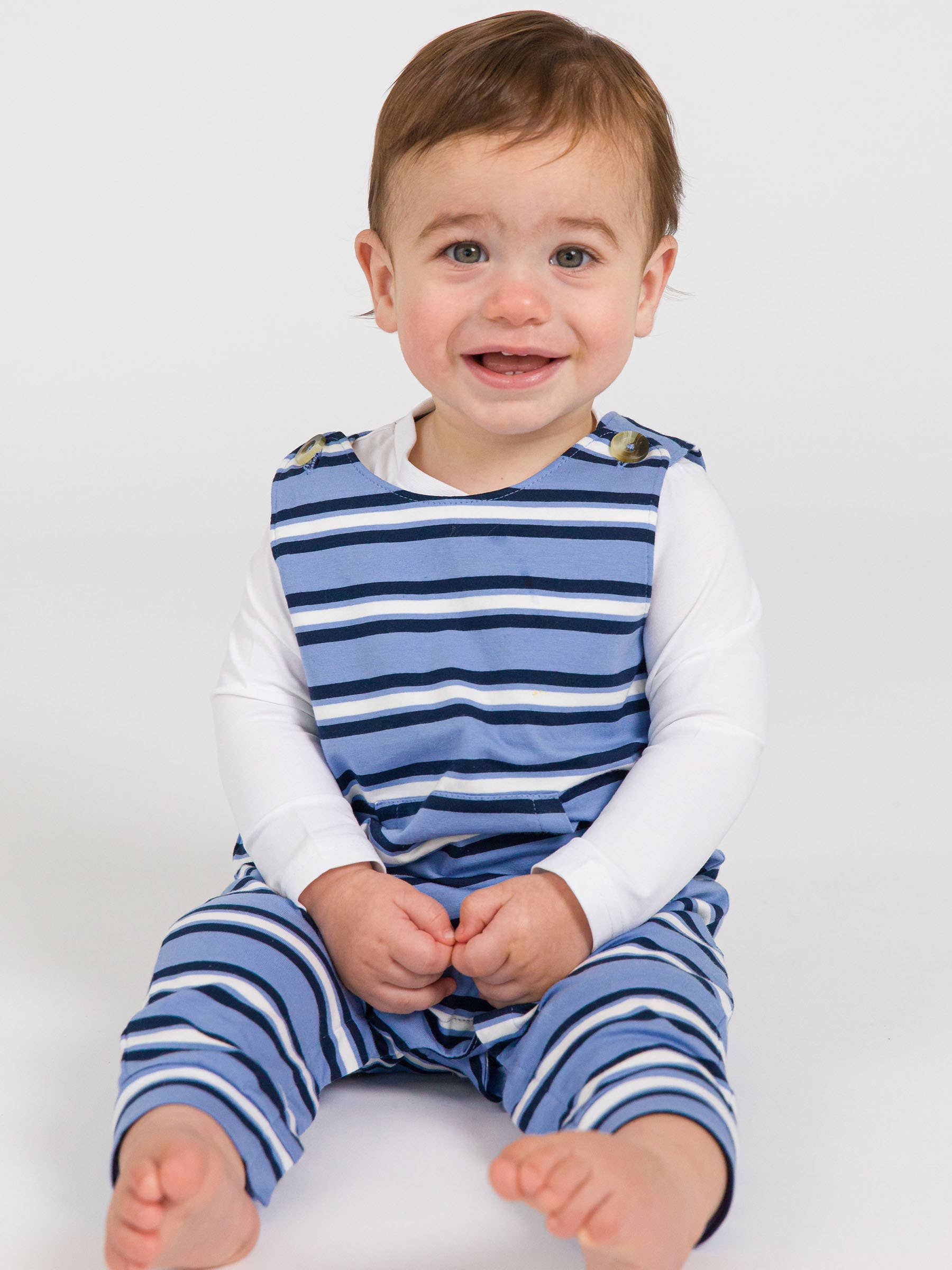Baby Boys Periwinkle Blue Stripe Knit Longall Pocket Romper for wholesale on Faire1