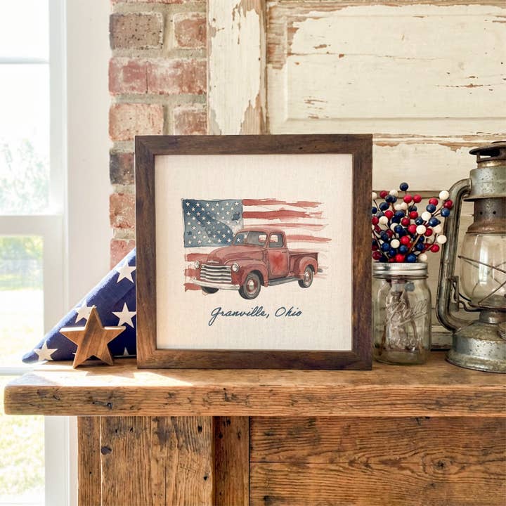 Watercolor American Flag & Red Truck - Custom Framed Sign for wholesale by Heritage 76