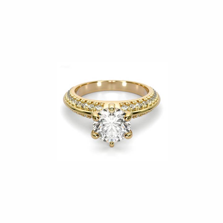 Round-Cut Diamond Ring – Six-Prong Solitaire with Double Pavé Band for wholesale by Caratina