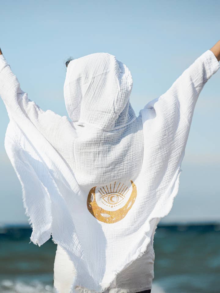 Moa - Wholesale Robe - Women's - Evil Eye and Moon Double Gauze White Hooded Robe