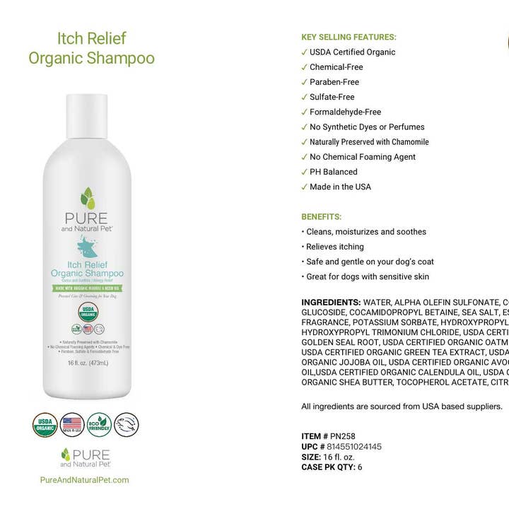 Pure and Natural Pet - Wholesale Pet Shampoo - Dog - Itch Relief Organic Shampoo for Dogs