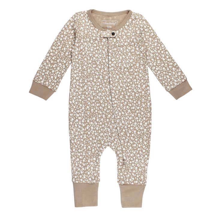 Tutina con cerniera in cotone biologico a fiori minuti su sfondo avena per la vendita all'ingrosso da parte di L'ovedbaby